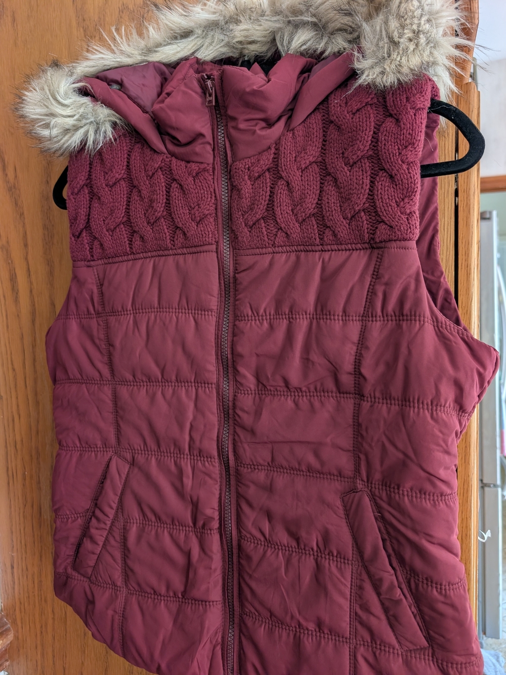 Aeropostale Quilted Hooded Vest with Faux-Fur Trim in Burgundy